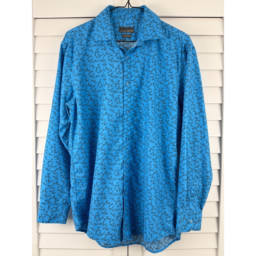 Black Label‎ by Ruffini Button Front Shirt M Blue Floral Slim Fit Long Sleeve